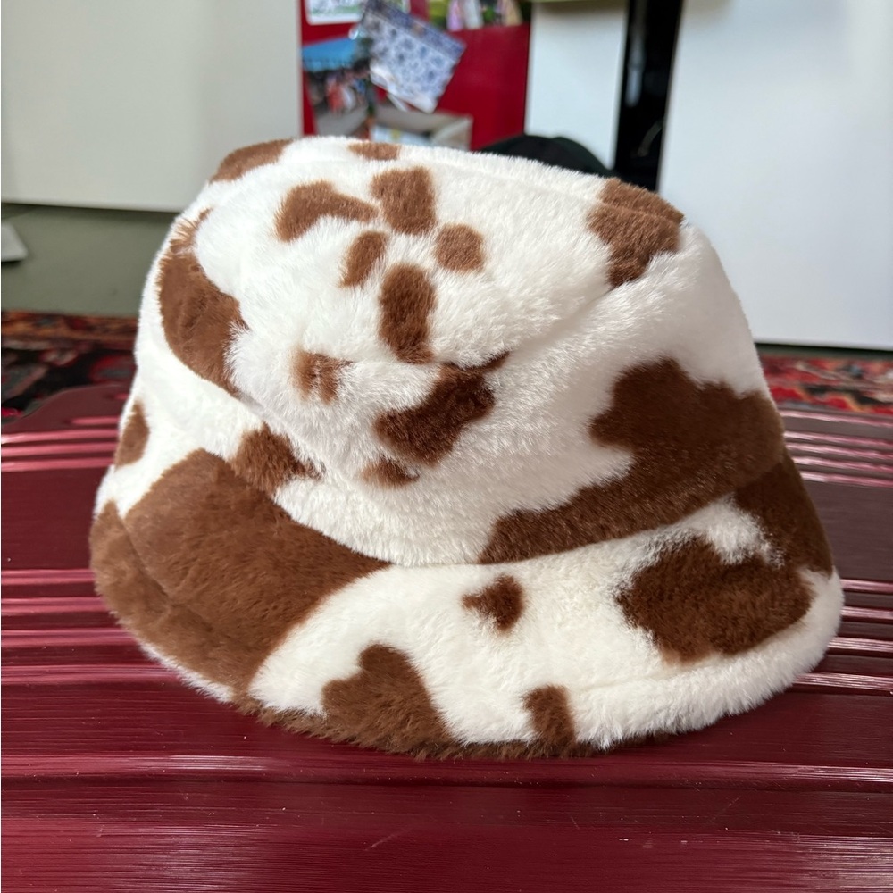 Cow Patterned Fuzzy Bucket Hat